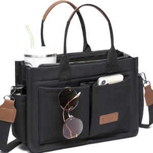 Canvas Tote Bag for Women,Women's Bags Crossbody Bags Work Laptop Tote Bag Large Handbags Purse for Travel Nurse Teacher (New Upgrade Black With Compartments and Inner Cup Holders)