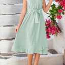 Tween Girls Summer Dresses Girl Short Sleeve Boho Swiss Dot Ruffle Semi Formal Midi Dress Kid Wedding Guest Casual Flare Party Belt Clothes Dressy Outfit Size 12-13 Year Old Green