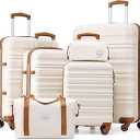 LONG VACATION 6 Piece Luggage Set Carry on Suitcase with ABS+PC hardshell, Spinner Wheels & YKK Zipper TSA Lock, Size  16/20/24/28 (WHITE-BROWN, 6 piece set)