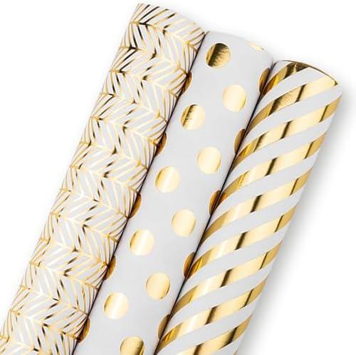 Flyhill Gold Birthday Wrapping Paper Roll - Mini Roll, 3 Rolls-Metallic Gold Foil Gift Wrap with Polka Dots, Stripes, Geometry Design for Birthday, Baby Shower, Wedding-17 inch x 120 inch Per roll