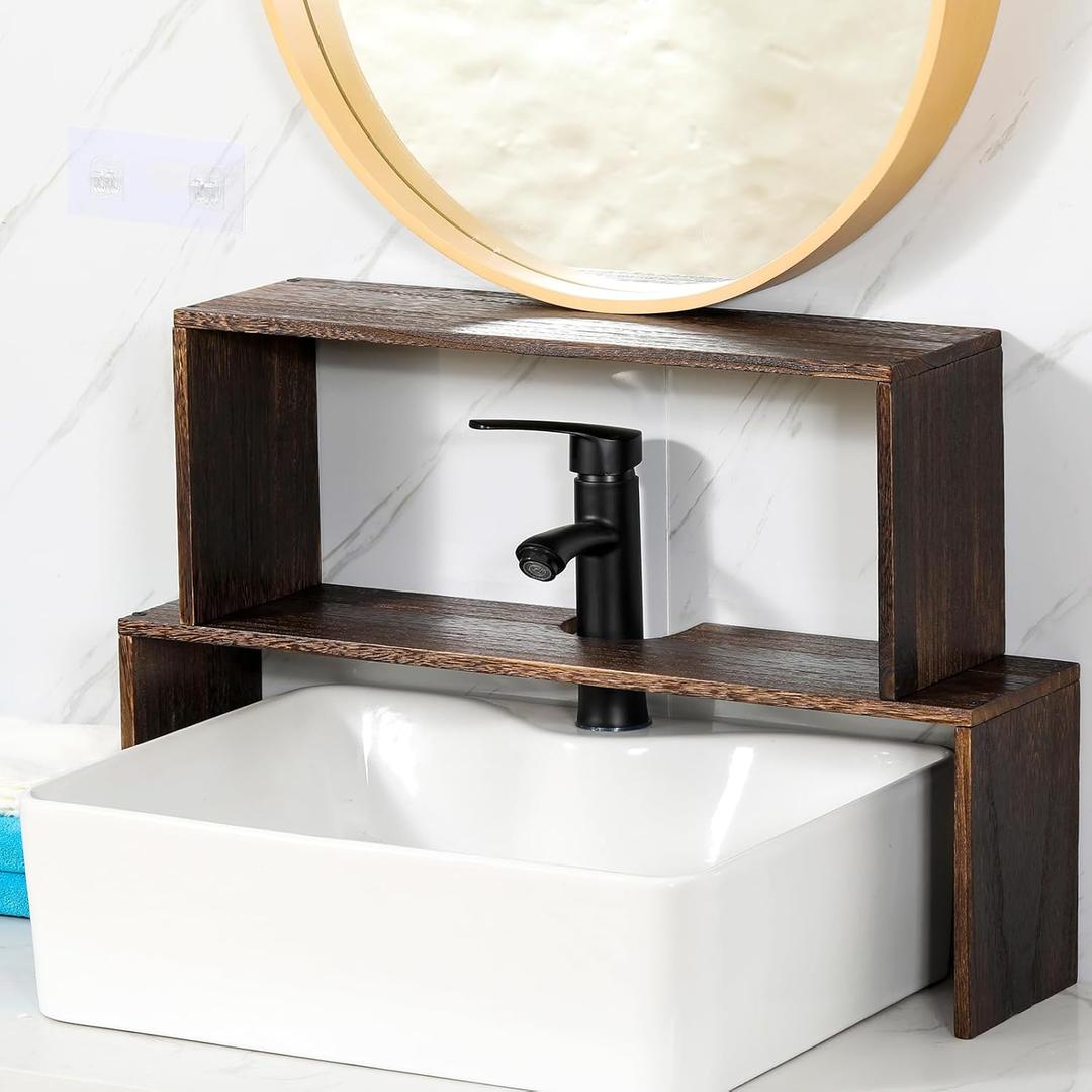 2 Pcs Over The Sink Shelf Bathroom Organizer 23. 62 Inch Wood Kitchen Sink Shelf Over Faucet Pedestal Countertop Storage Rack for Bathroom, Bedroom, Kitchen(Dark Brown)