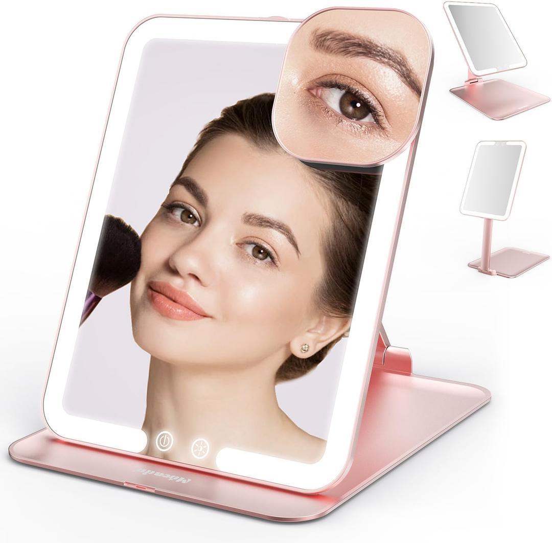 Mocado Travel Makeup Mirror with Light, Tripple Folding Vanity Mirror with Lights, 3 Colors Lighted Makeup Mirror, 1500mAh Rechargeable, Memory Function, Freely Adjust Height and Angle(Rose Gold) (8"L x 6"W)