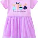 Toddler Girls Cotton Embroidery Applique Short Sleeve Dresses 2-7Y (Purple)