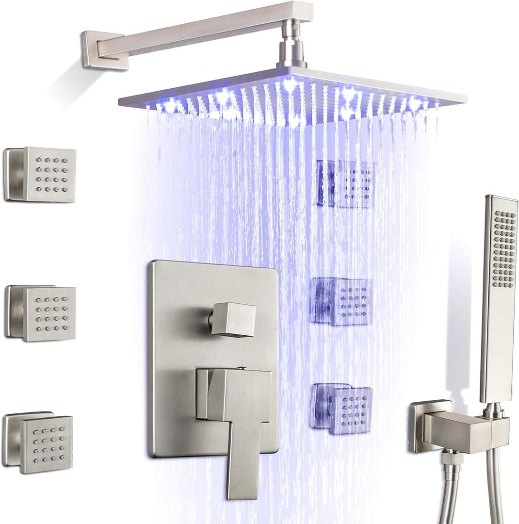 SKOWLL Brushed Nickel Shower System with Body Jets 12 Inch LED Rain Shower Head with Handheld, Wall Mounted Shower Faucet Set Rough in Mixer Valve and Trim Included