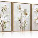 FWIEXA 3D Beige White Floral Canvas Wall Art,Neutral Flower Framed Wall Art Texture,Modern Abstract Botanical Paintings,16x24In Watercolor Minimalist Wildflower Artwork Magnolia Painting for Living Room,Bedroom,Office