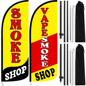 2 Set Smoke Shop Feather Flag Pole Kit 7ft Smoke Shop Sign Banner Knitted Windless Advertising Feather Banner Sign for Outside Outdoor Business Decoration, Large Signage