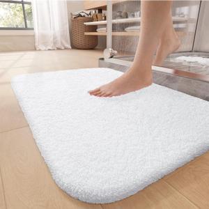 Color&Geometry High Pile White Bathroom Rugs 16"x24", Small- Upgrade Your Washroom with Soft Bath Mat- Plush, Non Slip, Absorbent, Washable Microfiber Shower Rug/Carpet for Outside Tub