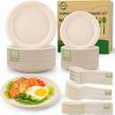 Compostable Paper Plates Set, 250PCS Disposable Heavy-Duty Sugarcane Plate and Eco-Friendly Utensil Biodegradable Dinnerware Plates, Extra Long Forks & Knives & Spoons for Party (Brown)