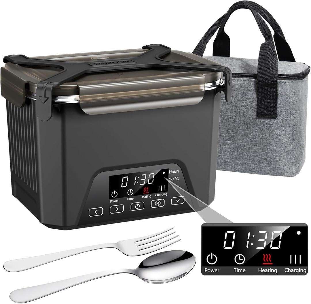 Cordless Electric Lunch Box, 1.2L Self Heating Lunch Box Battery Powered with Automatic Heating, BPA Free, Meal Prep Friendly (Black)