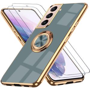 for Samsung Galaxy S21 5G Case, with 2 Screen Protector, Built-in 360 Ring Holder Magnetic Stand, Luxury Electroplated Plating Edge Shockproof Protective Phone Cover, Gray