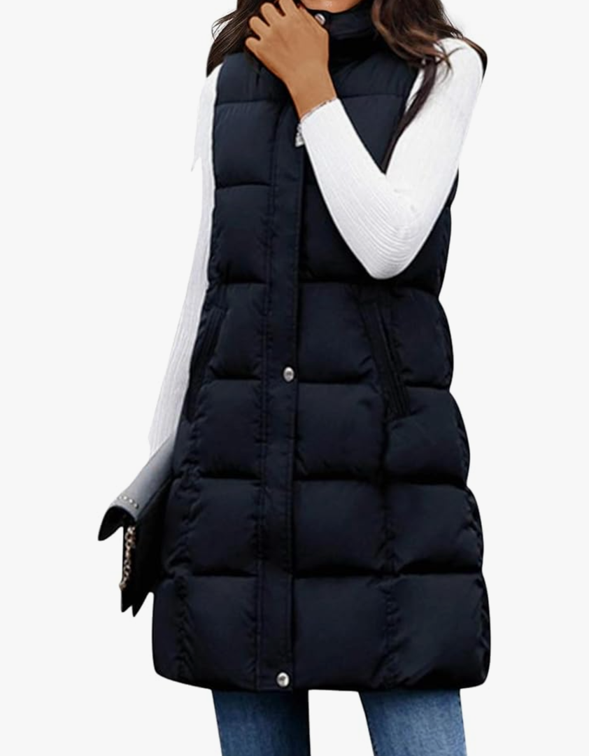Tanming Women's Long Puffer Vest Casual Sleeveless Puffy Jacket with Removable Hood (M, Black)