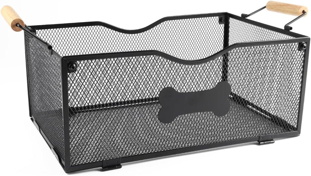 Metal Dog Toy Basket Medium,Mesh Wire Baskets for Pet Toy,Collapsible Cat Toy Bin with Wooden Handles,Dog Storage Organizer,Ideal for Dog Cat Accessories-Easy Assemble