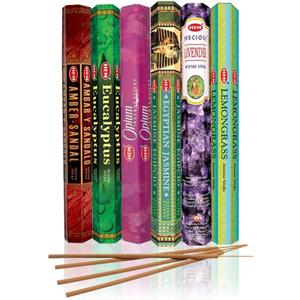 HEM assorted best sellers incense sticks pack of 6 - 120 Sticks, Fragrance - Lemongrass, Lavender, Egyptian Jasmine, Ambar Sandalo, Opium, Eucalyptus