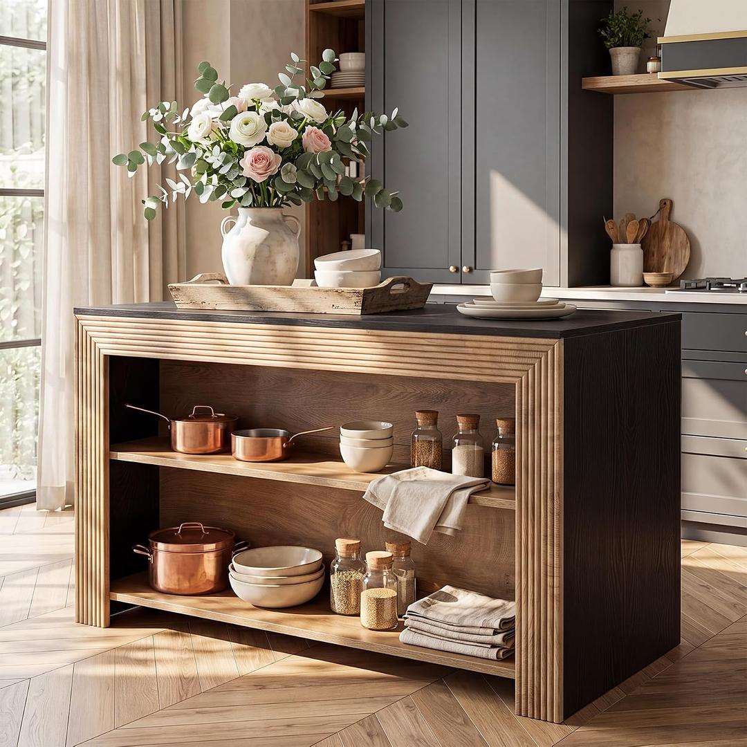 LITTLE TREE Kitchen Island with Storage, 55 Inch Island, Modern Farmhouse Kitchen Counter, Fluted Reeded Frame Open Shelves Prep Workstation, Black and Brown, 55.12" W x 27.56" D
