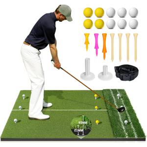 Dual Turf Golf Mat - Practice Indoor/Outdoor, 5 x 4 ft Hitting Mat with Alignment Lines, 9 Tees & Balls Accessories for Swing, Chipping, Putting