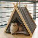 Solid Wood Cat Indoor Tent with Thick Mat,Portable Dog House Dog Teepee Tent,Cute Cat Teepee Cave Cat Bed,Dog Bed (Grey)