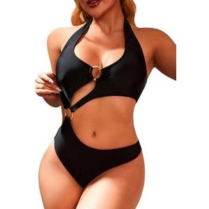 HISAGUHE Women One Piece Swimsuit Slimming Cutout Fashoin Swimwear Metal Ring Bathing Suit Female Beachwear Size XL
