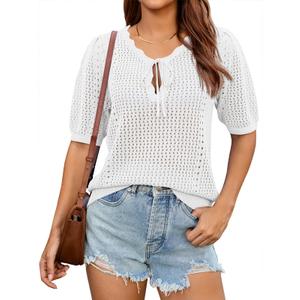 Saodimallsu Womens Crochet Sweaters Puff Short Sleeve V Neck Tie Front Lightweight Casual Summer Trendy Knit Tops White (L)