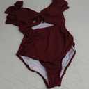 B2prity Women's One Piece Swimsuit Ruffle Cutout Bathing Suits Slimming Tummy Control V Neck Wrap Swimwear (Medium, Burgundy Ribbed)