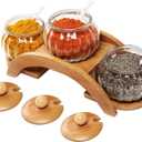 MyGift 7.5 Ounce Condiment Pots, Modern Tiered Bamboo Serving Tray with Arch Design, 3 Fluted Clear Glass Bowls, Bamboo Lids and Ceramic Spoons, 10 Piece Set