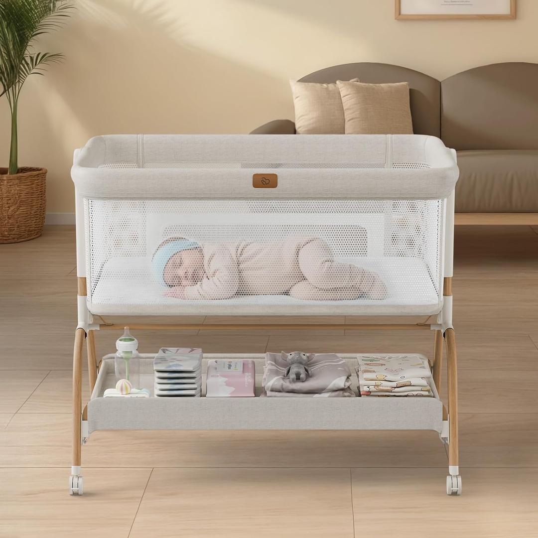 Baby Bassinet Bedside Crib, 3-in-1 Baby Bassinet Bedside Sleeper with Mattress and Soft, Breathable Sheet, Full-Mesh Sides, 6-Height Adjustable, Stable and Secure Crib for Newborns Wood Grain Legs + Beige Bed