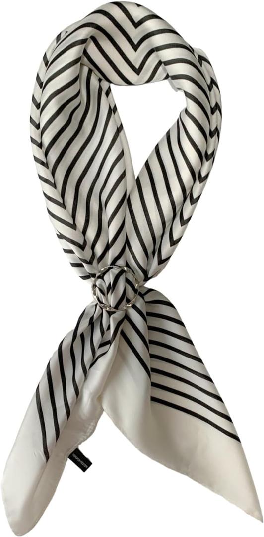 Mulberry Silk Feeling Head Scarf 27" Women's Fashion Square Neck Satin Scarfs for Bag Hair Scarves with Scarf Ring (A1-white Line)