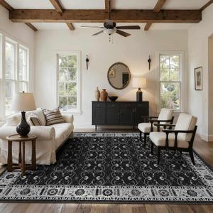 Rugxara 8x10 Washable Area Rug for Living Room, Extra Large Black Vintage Boho Rugs for Office, Kids Room, Farmhouse, Durable Low Pile Non Slip Carpet for High Traffic AreasBlack 8x10