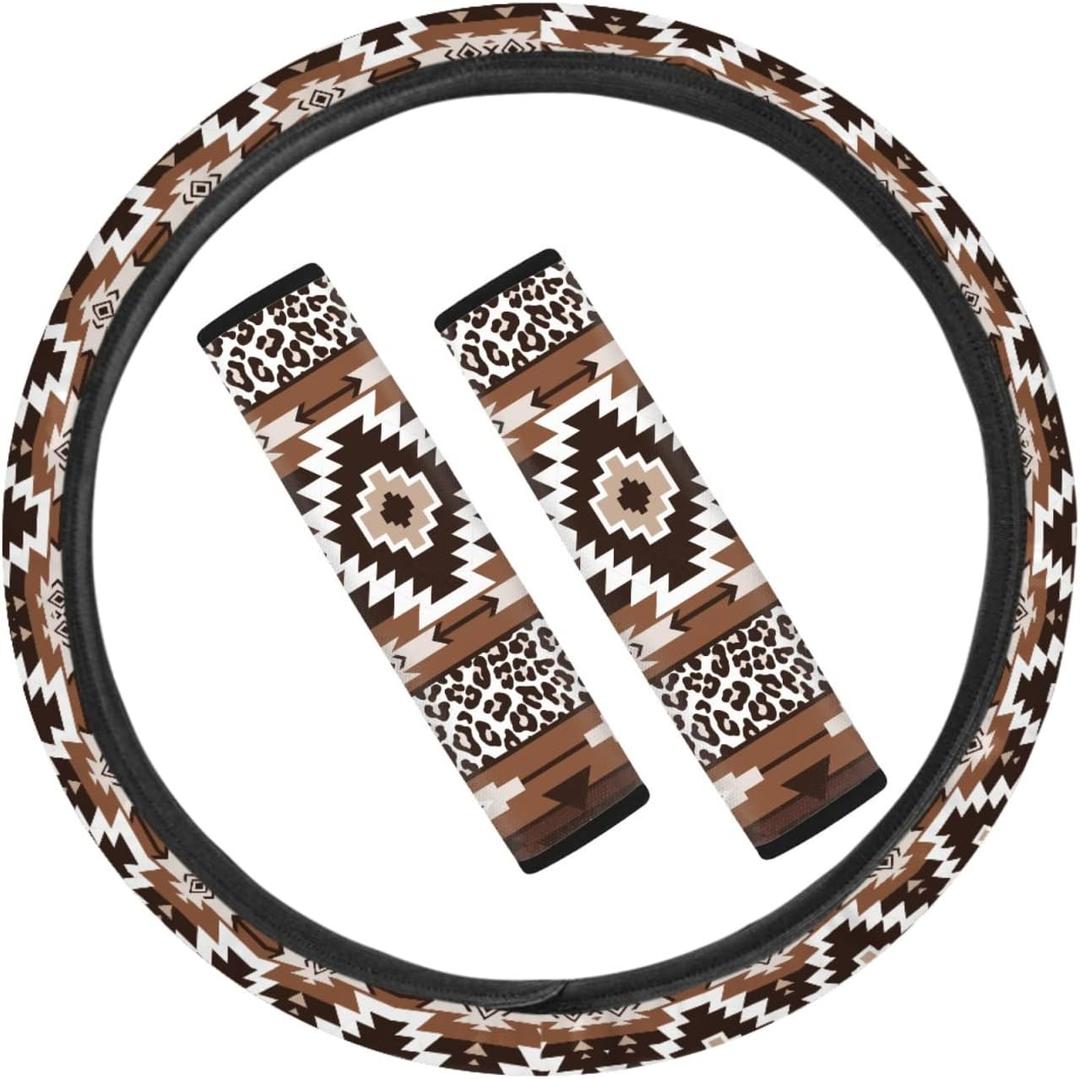 Coldinair 3PCs Fashion Leopard Aztec Print Universal Car Steering Wheel Cover and Seat Belt Shoulder Pads for Most Cars,Truck SUV for Women