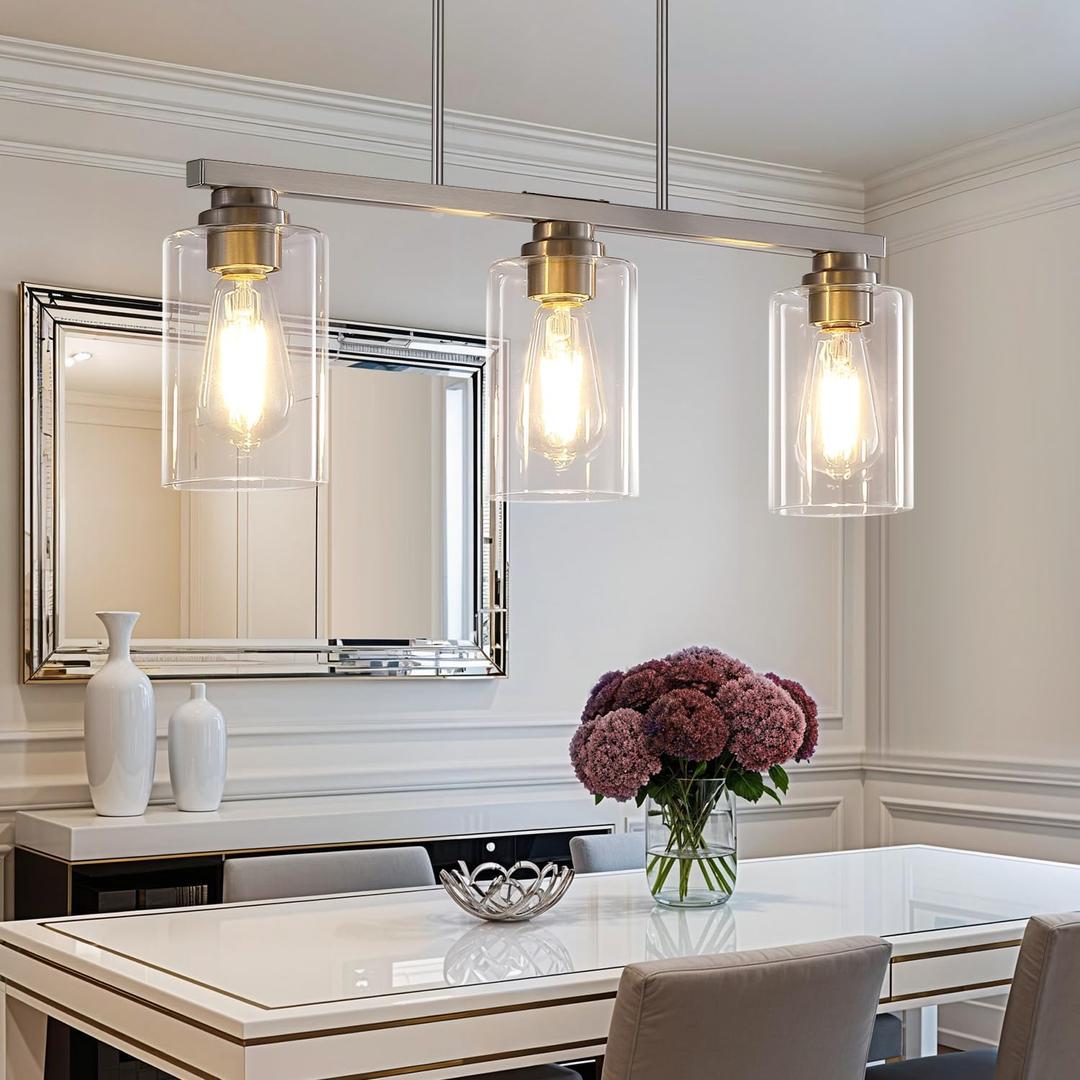 Island Light for Kitchen, Brushed Nickel Dining Room Light Fixture Over Table, 3-Light Linear Chandelier Pendant Lighting for Dining Table Kitchen Island Living Room, 3 Light + Clear Glass