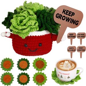 Set of 6 Cute Crochet Coasters Handmade Succulent Plant Coasters Crochet Plant Pot Coaster with Inspirational Message,Drink Cup Mats for Home Office Table Decor,Crochet Gifts for Plant Lovers