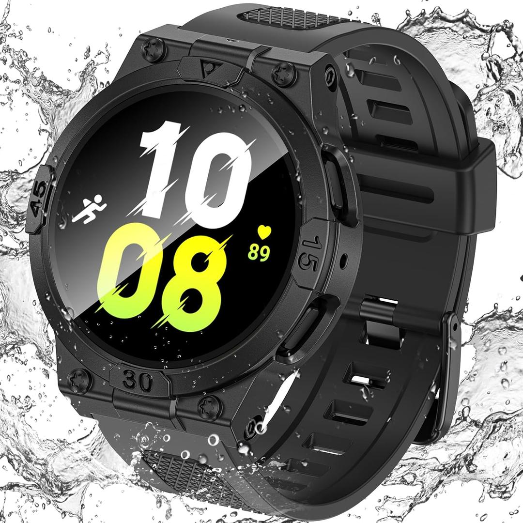 Goton 3 in 1 Waterproof Case and Band for Samsung Galaxy Watch FE(2024) 5 4 40mm, 360 Protective Hard PC with Tempered Glass Screen Protector for Galaxy Watch Cover Bumper Accessories, Black