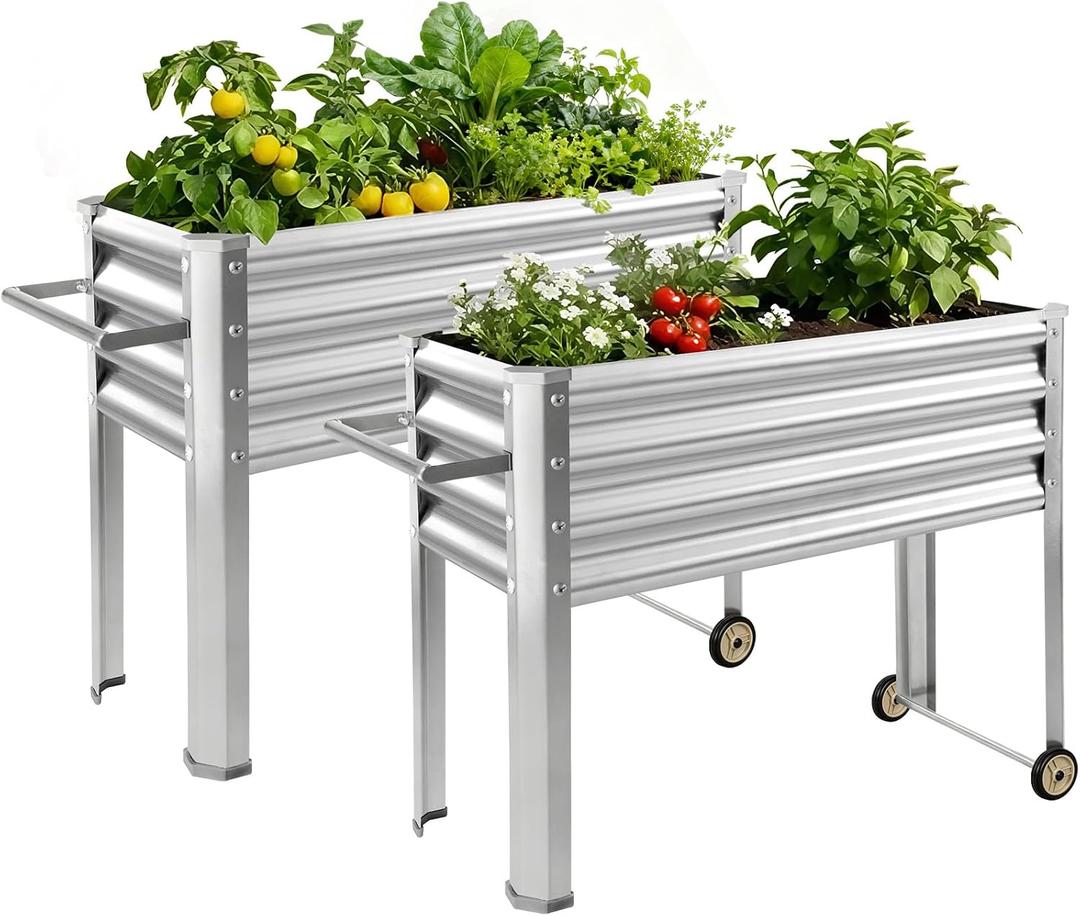 Land Guard 2 Pack Galvanized Raised Garden Bed with Legs & Wheels, 361232in Metal Elevated Raised Planter Box for Backyard, Patio, Balcony, 300lb Capacity, Silver
