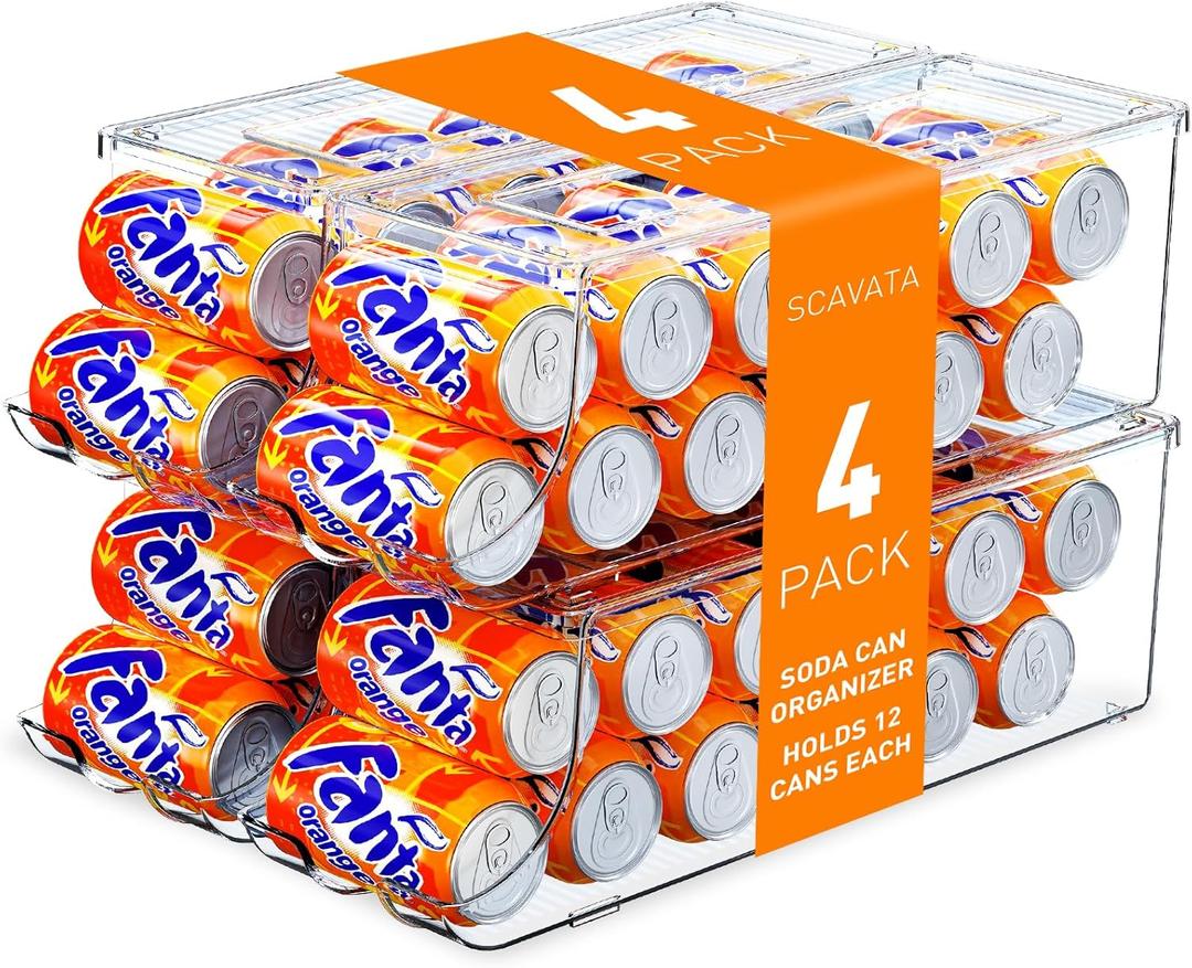 Pack of 4 Soda Can Organizer for Refrigerator, Stackable Canned Food Pop Cans Container Can Holder Dispenser with Lid for Fridge Rack Freezer, Clear Storage Bins-Holds 12 Cans Each (Transparent)