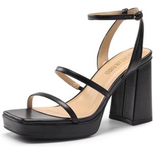 DREAM PAIRS Women's Platform Strappy Heels Open Toe Ankle Strap Square Party Sandals Y2K Dress Shoes (7, Black)