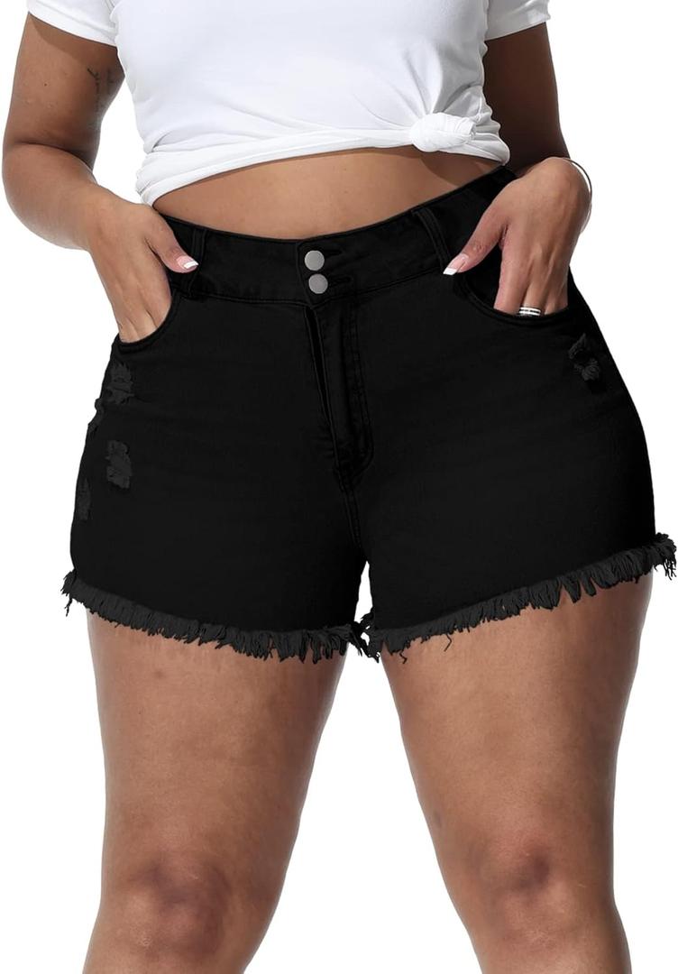 Women Plus Size Jean Shorts Sexy Stretchy High Waisted Frayed Raw Hem Denim Shorts (Black)