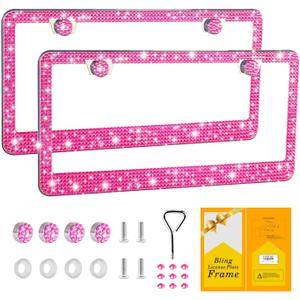 Bling License Plate Frame for Women,2 Pack Premium Stainless Steel Rhinestone Car License Plate Holder,Handmade Glitter Crystal Diamond Lincense Plate Cover,Bedazzled Sparkly Caps-Pink