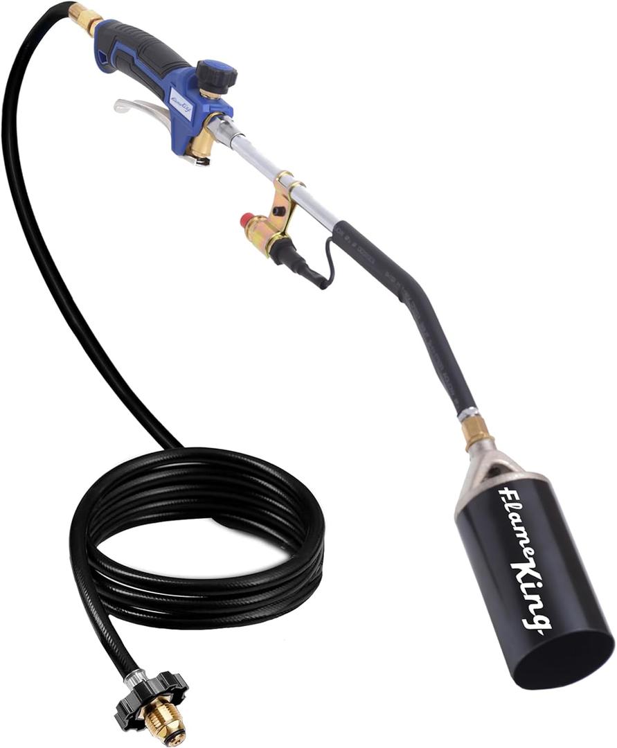 Flame King Propane Torch Kit Heavy Duty Weed Burner, 340,000 BTU with Piezo Igniter (Self Igniting), with 10-ft Hose for Weed Burning, Melting Ice and Snow, and Roofing