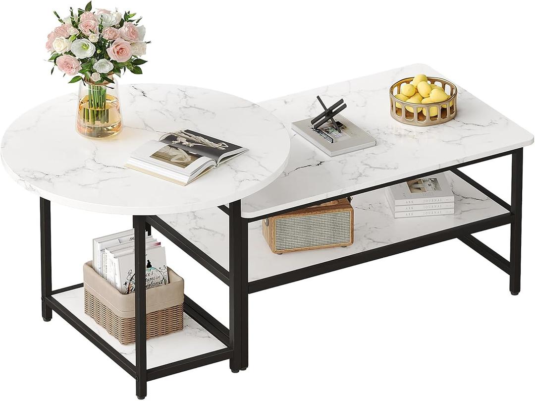 WOHOMO 48IN Faux Marble Wood Coffee Table with Adjustable Shelf, White Nesting Tables 2 in 1, Small Coffee Tables for Living Room