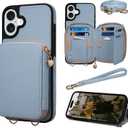Keallce Case for iPhone 16 6.1'' Case Wallet, Crossbody Zipper Purse with RFID Blocking Card Slots Kickstand, Detachable Lanyard & Handstrap Flip Folio Leather iPhone Cover for iPhone 16, Blue