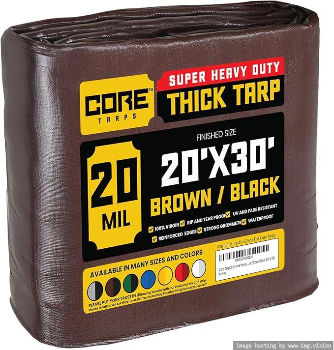 Core Tarps Extreme Heavy Duty 20 Mil Tarp Cover, Waterproof, UV Resistant, Rip and Tear Proof, Poly Tarpaulin with Reinforced Edges for Roof, Patio, Pool, Boat (Brown/Black 20′ X 30′)