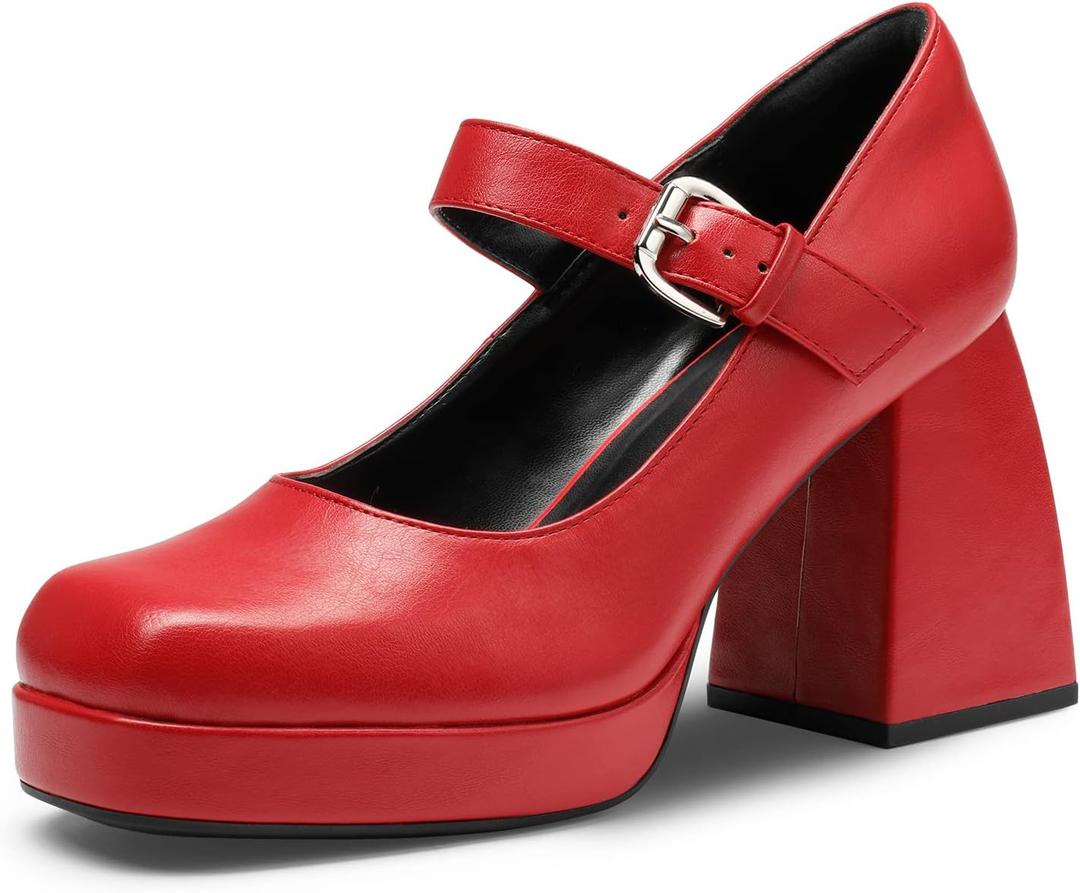 DREAM PAIRS Women's High Chunky Platform Closed Toe Mary Jane Block Heels Square Toe Strappy Dress Wedding Party Pumps Shoes (9) Red