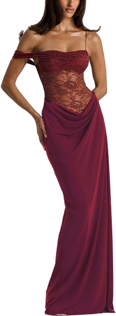 Women's Sexy Lace Maxi Dress High Split Spaghetti Strap Backless Wedding Guest Cocktail Formal Dresses, S