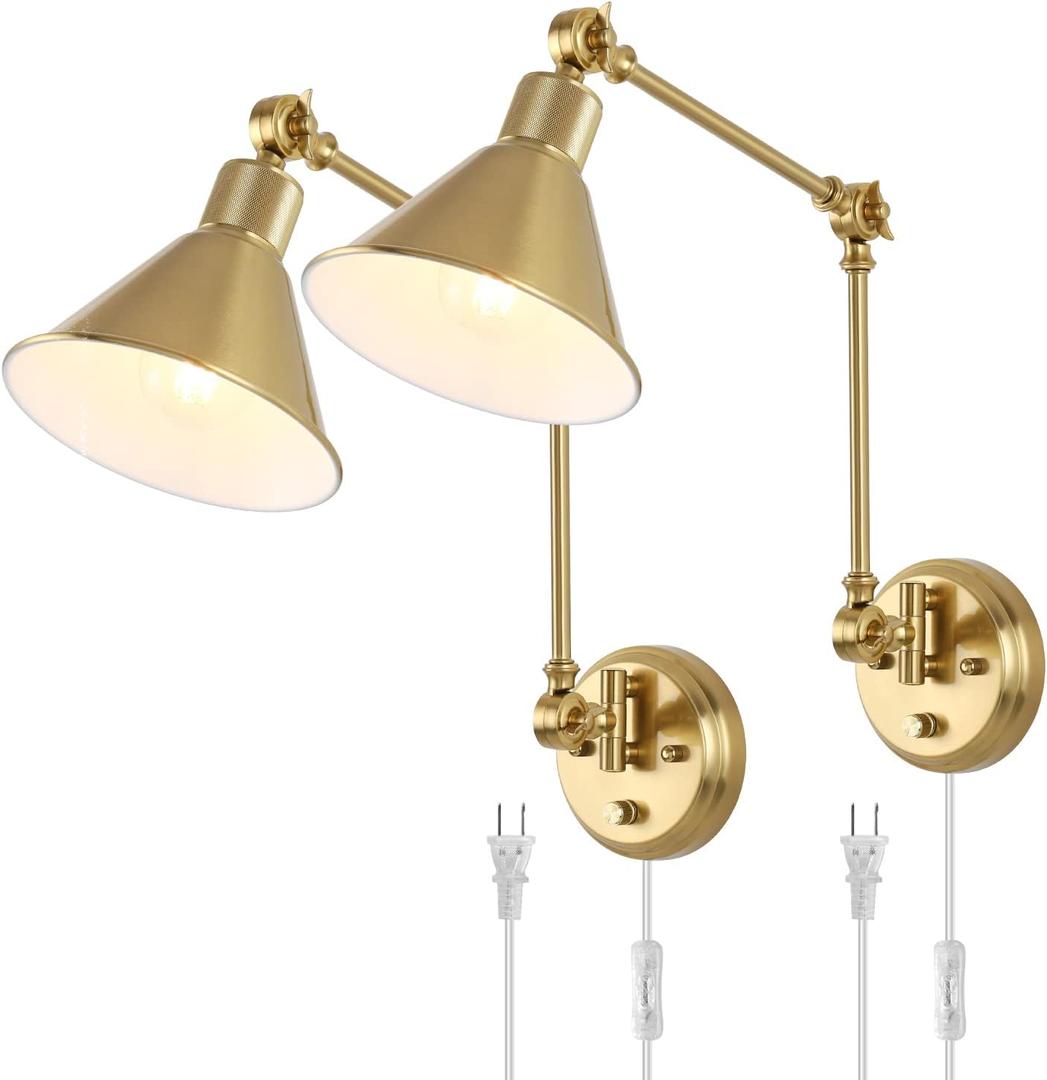 Wall Sconces Plug in, Dimmable Wall Sconces Brushed Brass Swing Arm Wall Lights Plug in Wall Mounted Light Industrial Wall Lights with 6FT Plug in Cord, E26 Base, UL Listed(Two Arms, 2 Pack)
