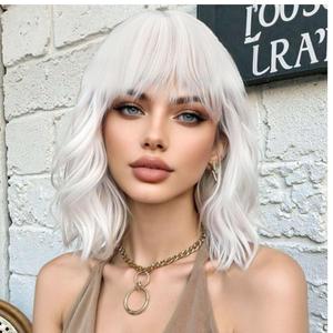 Halloween Short White Wig with Bangs Shoulder Length Cute Bob Wavy Curly Synthetic Hair Wigs with Bang for Women & Girls Use for Halloween Cosplay Party Daily
