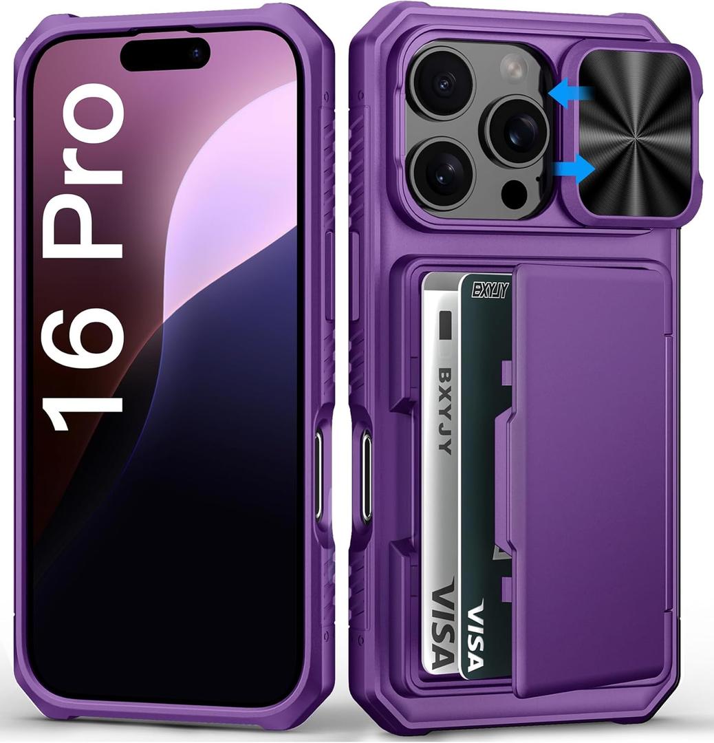 For iPhone 16 Pro Case with Camera Cover, Built-in Credit Card Holder (4-5 Cards), Military Grade Protection, Heavy Duty Women Men Protective Wallet Phone Case for iPhone 16 Pro, Dark Purple