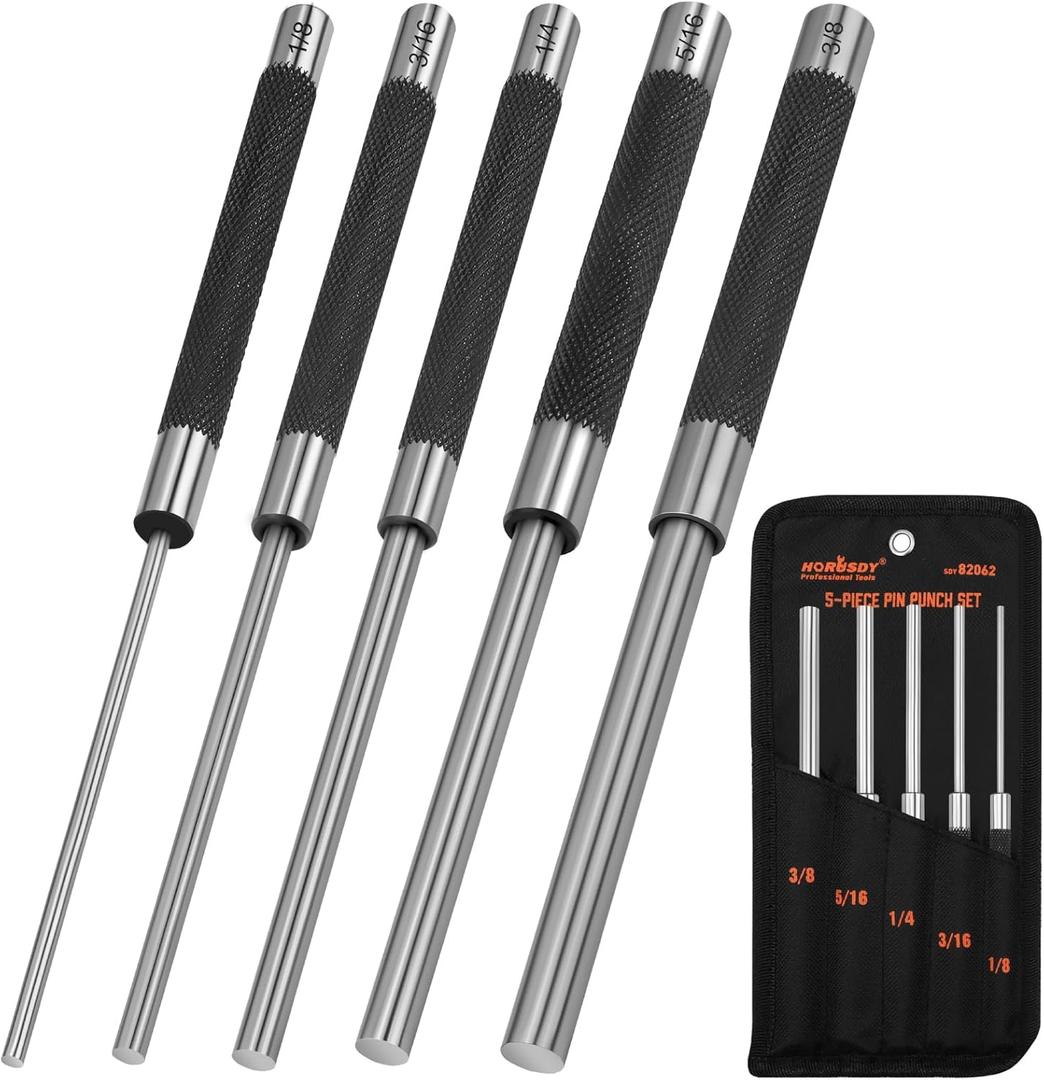 HORUSDY 5-Piece Roll Pin Punch Set, 8-Inch Carbon Steel Pin Punch Tool Kit (1/8" to 3/8") with Storage Pouch for Gunsmithing, Watch & Jewelry Repair