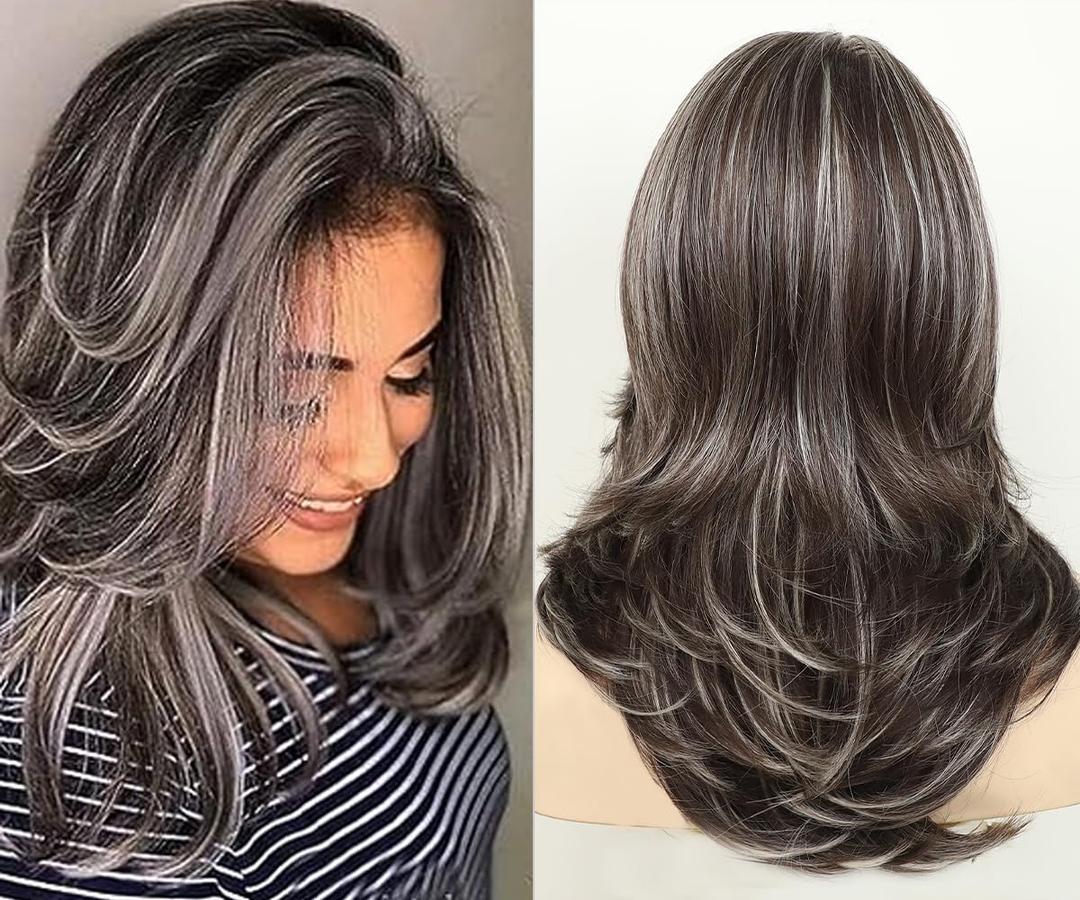 XIUFAXIRUSI XIUFAXIRUSI Long Layered Wavy Wigs for Women Synthetic Natural Hair Wig Dark Brown Mix Grey Highlights Wavy Hair Wigs Heat Resistant Synthetic Halloween Costume Wig,Dark Brown Mix Grey