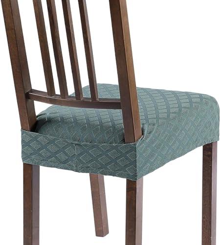 SearchI Stretch Dining Chair Seat Covers Set of 6, Soft Removable Washable Seat Covers for Dining Chairs, Dining Room Seat Cover Slipcover Protector (Rear-Covered, Diamond Aegean Teal)