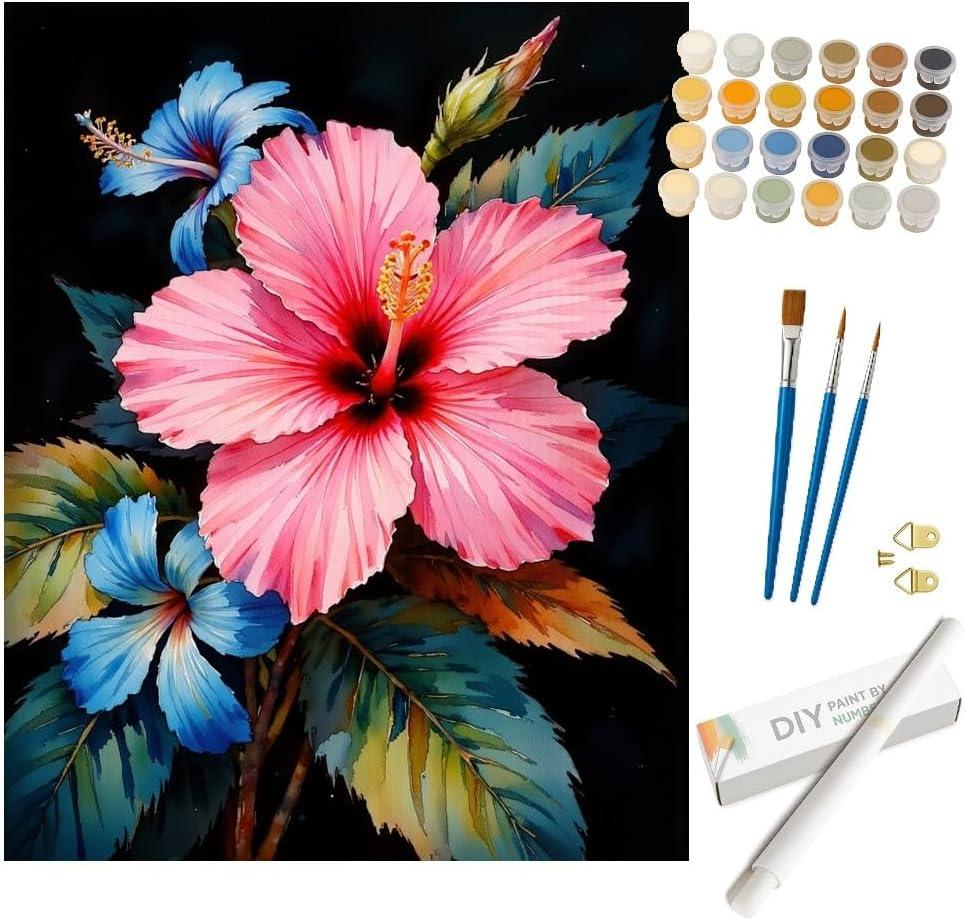 Floral Paint by Numbers Kit for Adults - DIY Hibiscus Flower Painting on Rolled Canvas 16x20 Inches, Acrylic Paint Set, Suitable for Beginners, Tropical Art for Home Decoration or Gifts