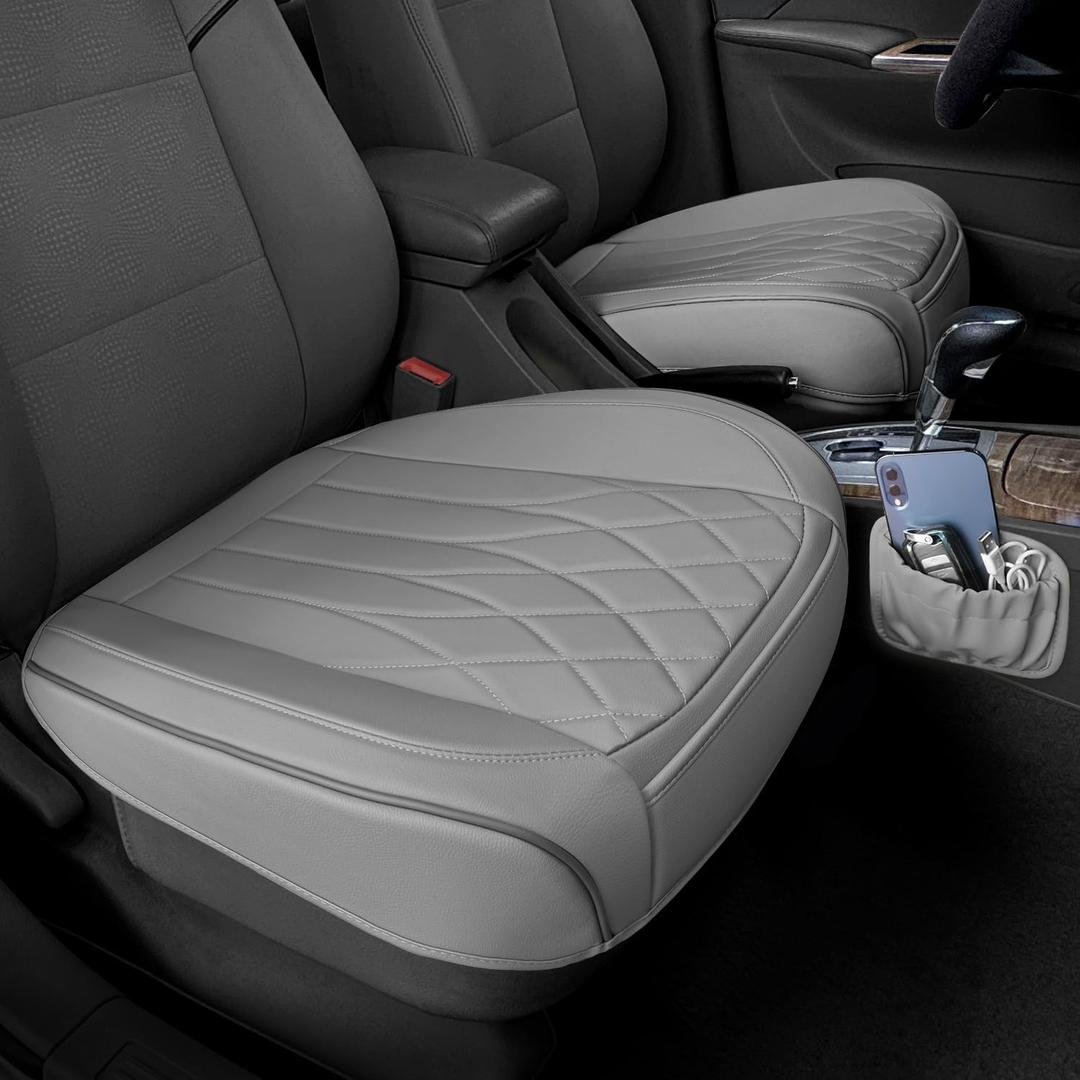 BEITK 2 Pack Leather Front Car Seat Cover Bottom Car Seat, Universal Anti-Slip Driver Car Seat Protectors with Storage Pocket, Waterproof Bottom Auto Seat Cushion Pad Mat for Most Vehicles(Gray)